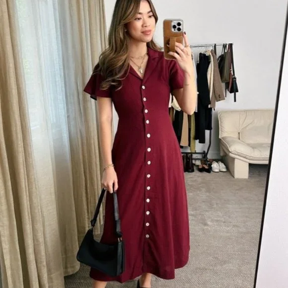 NWT Madewell | Crinkle Cotton Button-Front Midi Dress in Burgundy Size 0 - Picture 7 of 11